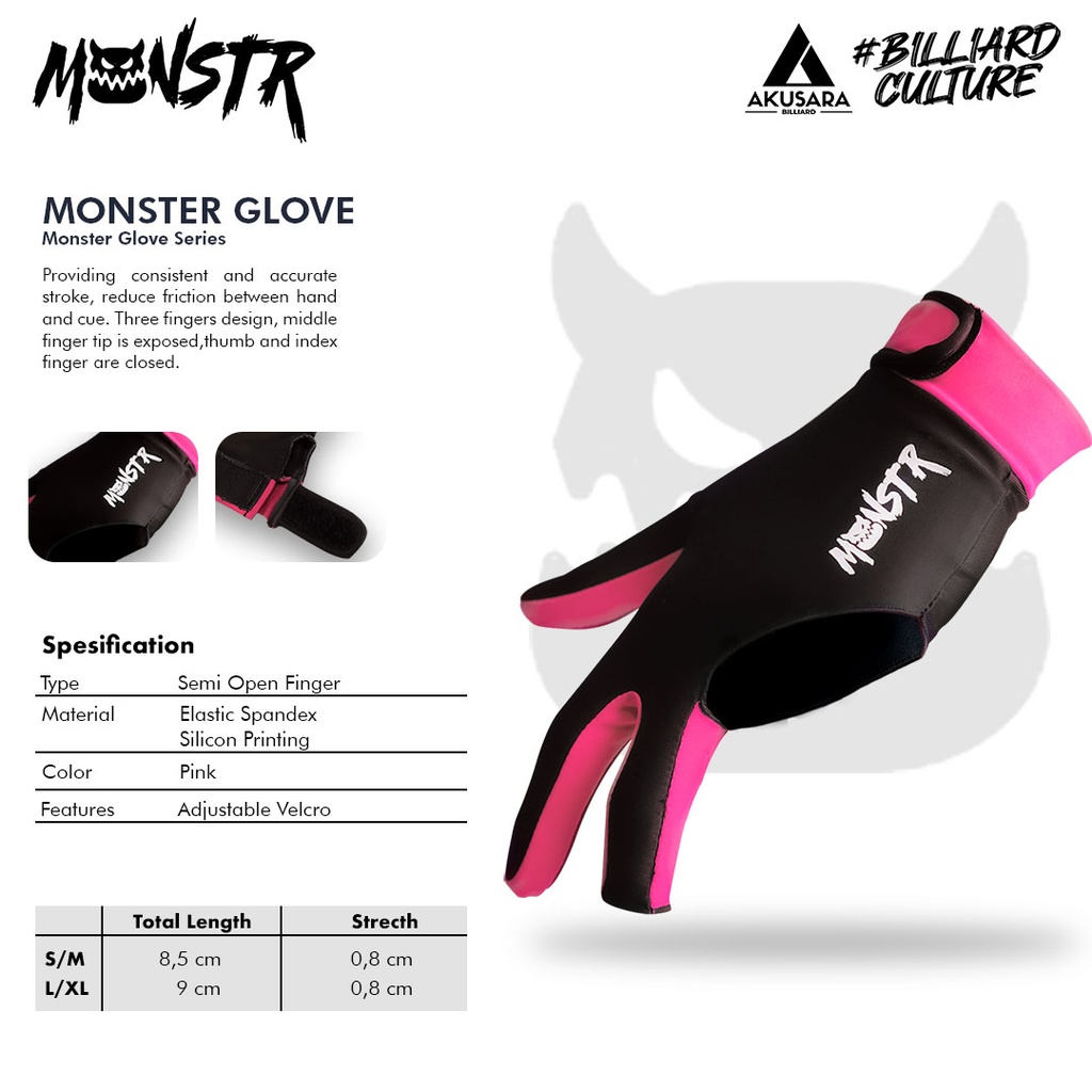 Glove MONSTR Billiard Reguler Ambidextrous - Pink S/M