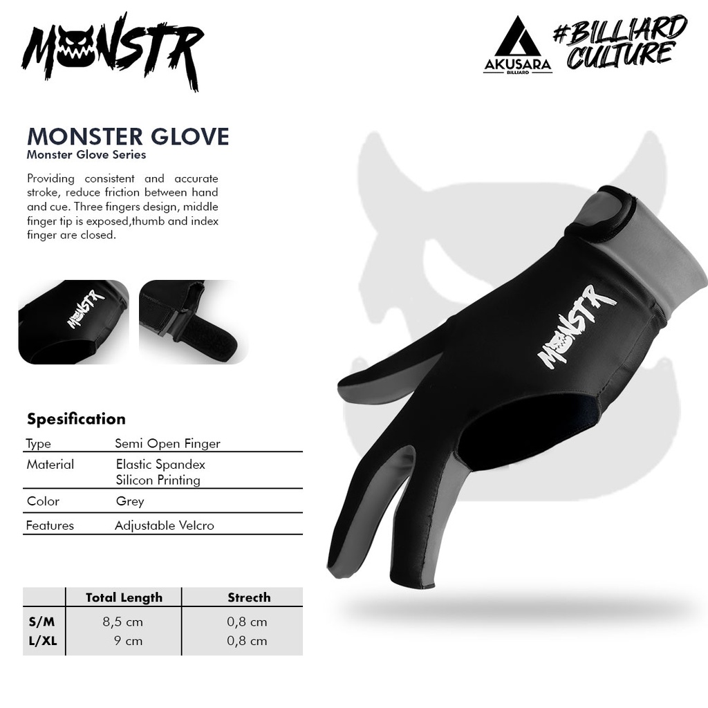 Glove MONSTR Billiard Reguler Ambidextrous - Grey S/M